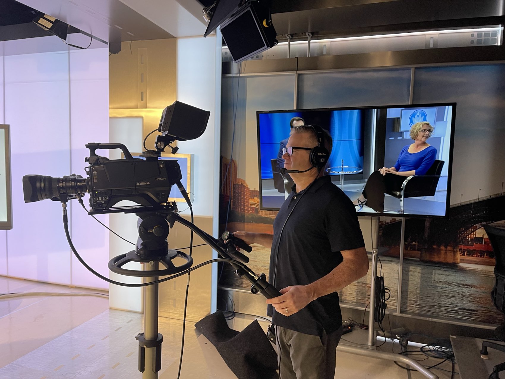 Behind the broadcast camera in the studio
